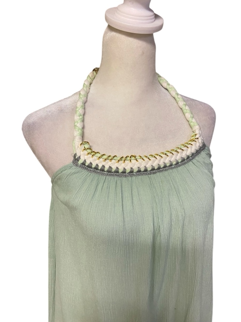 Griffin Paris halter tunic Size M braided neckline gold chain accent Pistachio - Picture 2 of 13